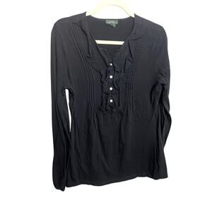 LRL Lauren Ralph Lauren Ruffle V Neck Black Button Top Y2K Large Cottage Peasant